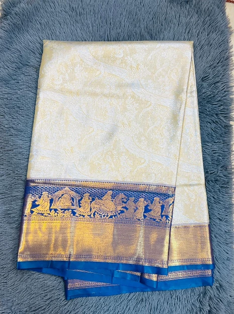 VVS089 Off-White Royal Blue Contrast Border Semi Kanchipattu Saree