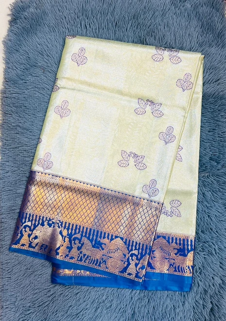 VVS089 Off-White Colour With Striking Royal Blue Contrast Border Semi Kanchipattu Saree