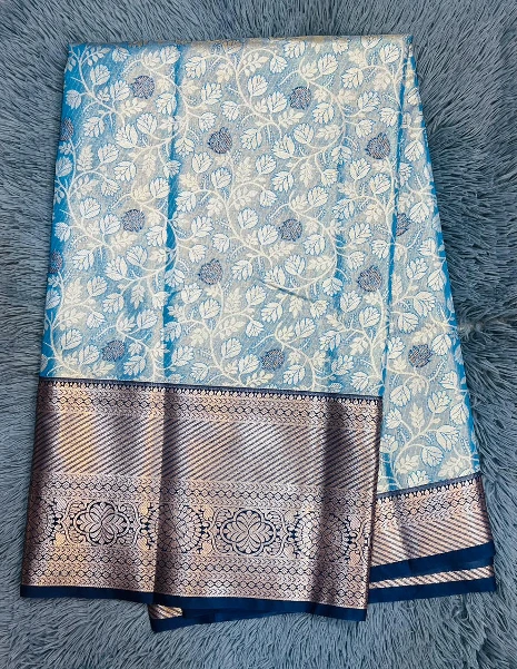VVS089 Sky Blue Colour Vine Pattern In White And Silver/Grey Tones Semi Kanchipattu Saree