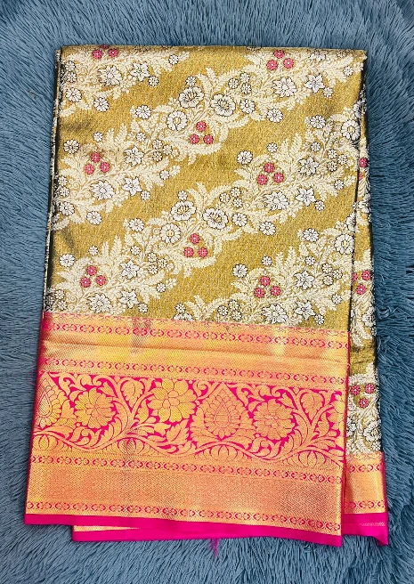 Mustard Gold With Woven Motifs Of Birds And Flowers In White And Pink Semi Kanchipattu Saree