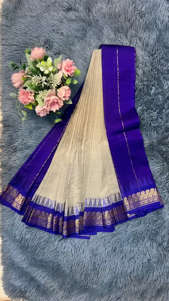 Cream With Blue Border Cotton Gadwal Saree