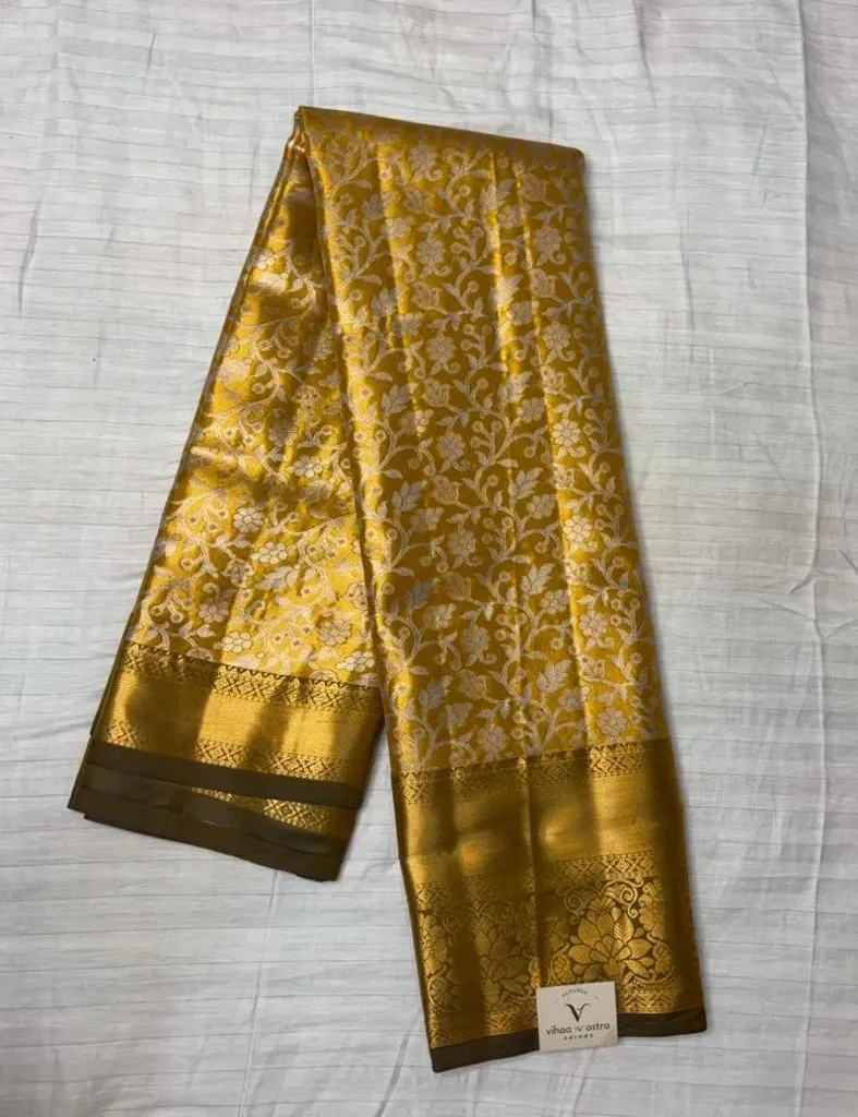 VVS091 Golden With Olive Border Semi Kanchi Silk Saree
