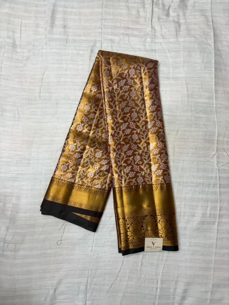 VVS091 Orange And Golden Semi Kanchi Silk Saree