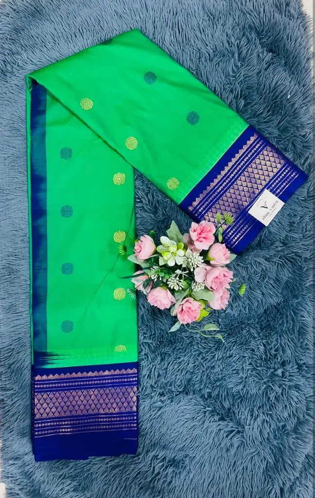 Green With Blue Border Semi Gadwal Saree