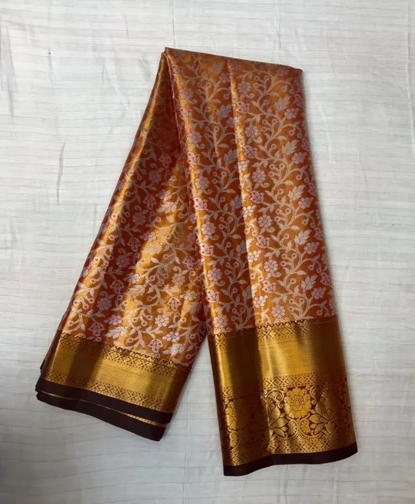 VVS091 Orange And Golden Semi Kanci Silk Saree