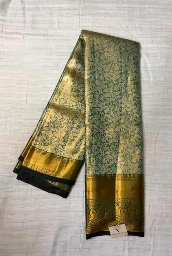 VVS091 Olive Green And Golden Semi Kanchi Silk Saree