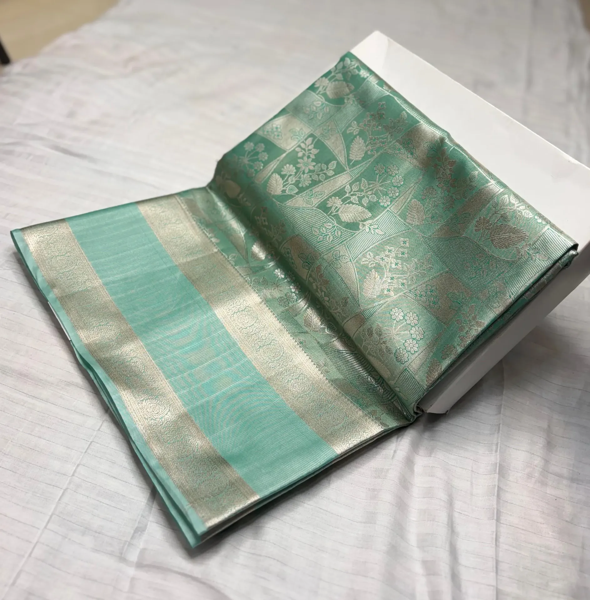 VVS100 Pista Body With Floral Silver Zari Weaving Kanchi Silk Saree