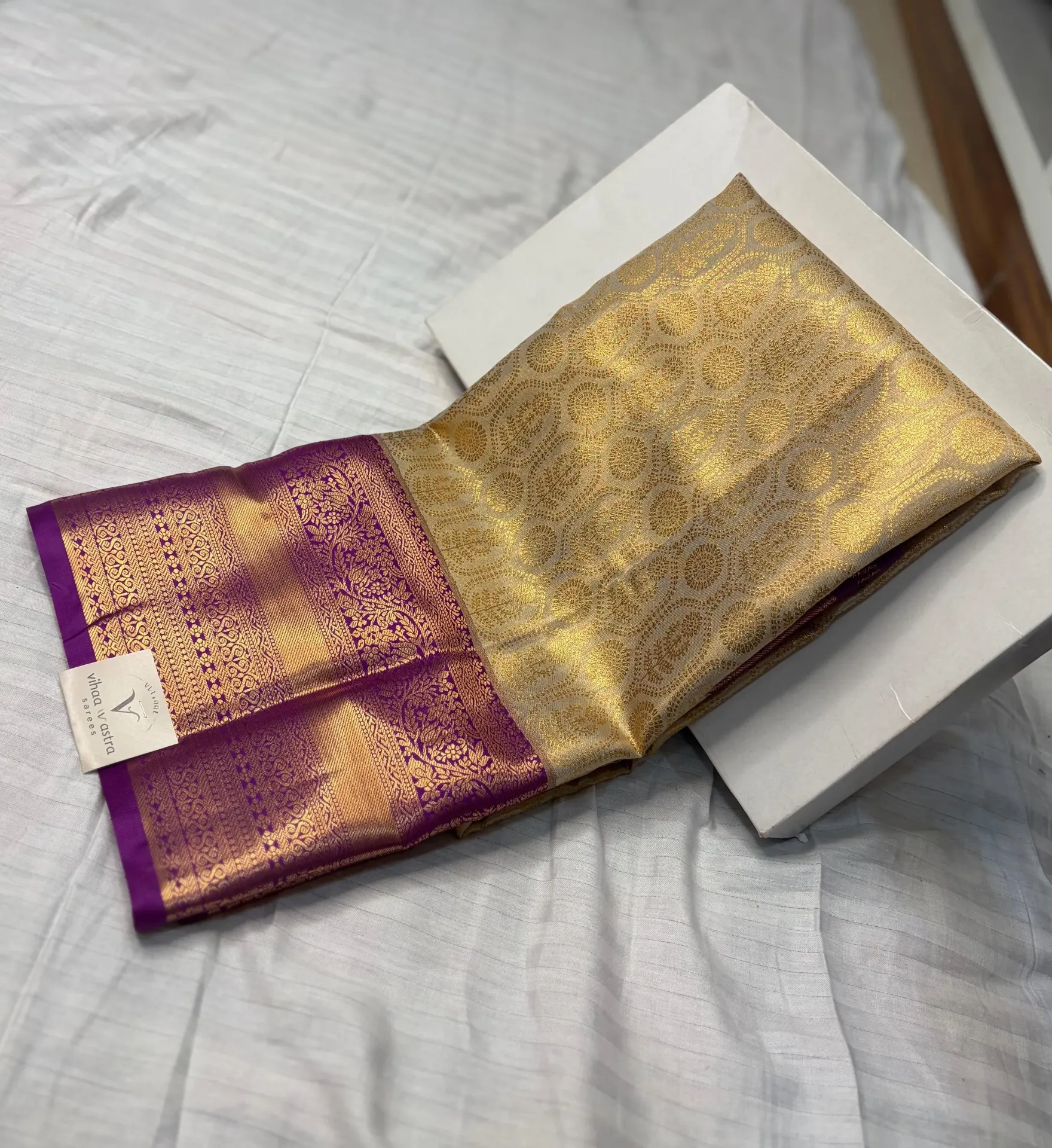 VVS074 Off-White Body With Purple Border Kanchi Silk Saree