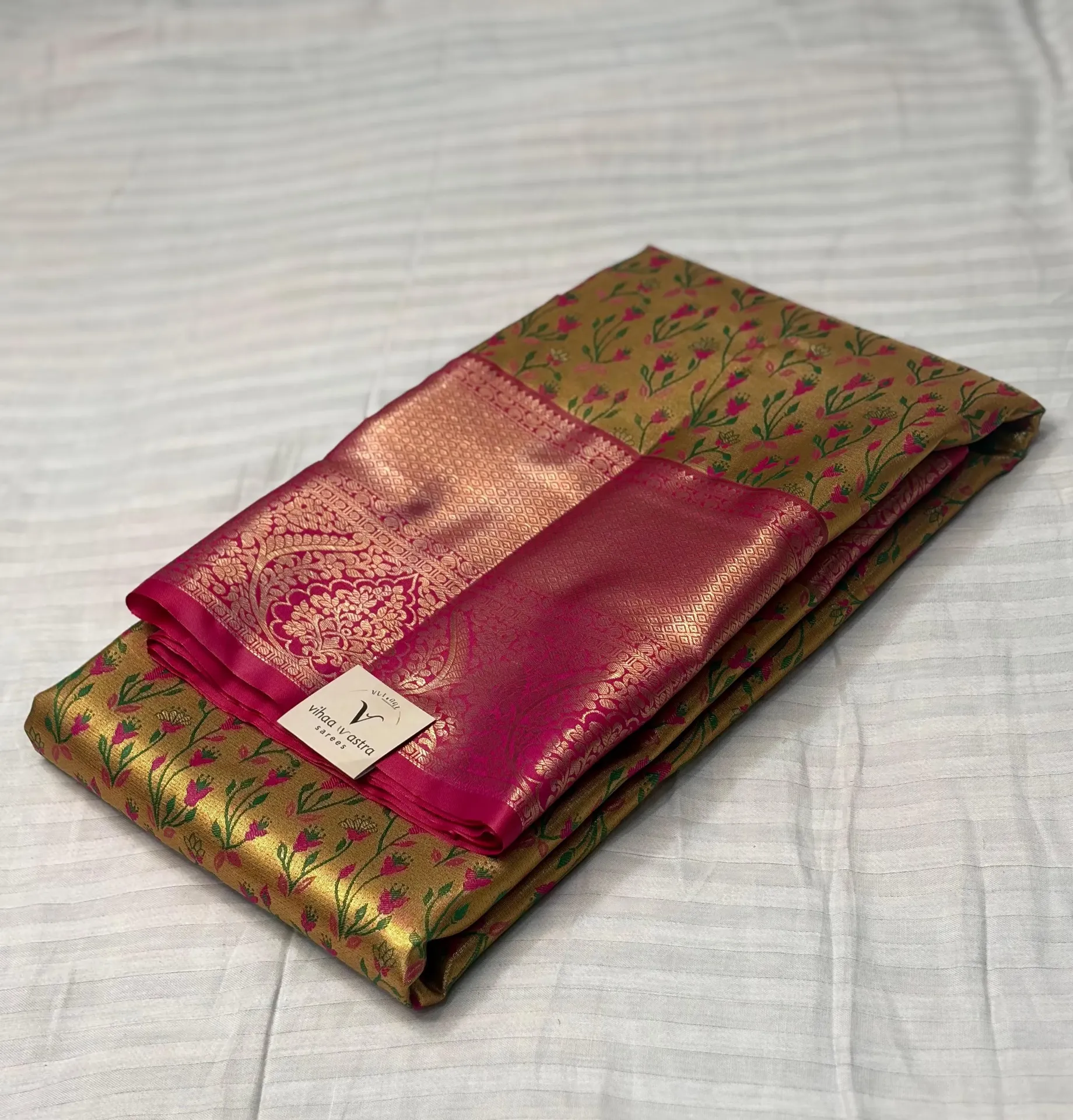 VVS102 Golden Kanchi Silk Saree With Pink Border