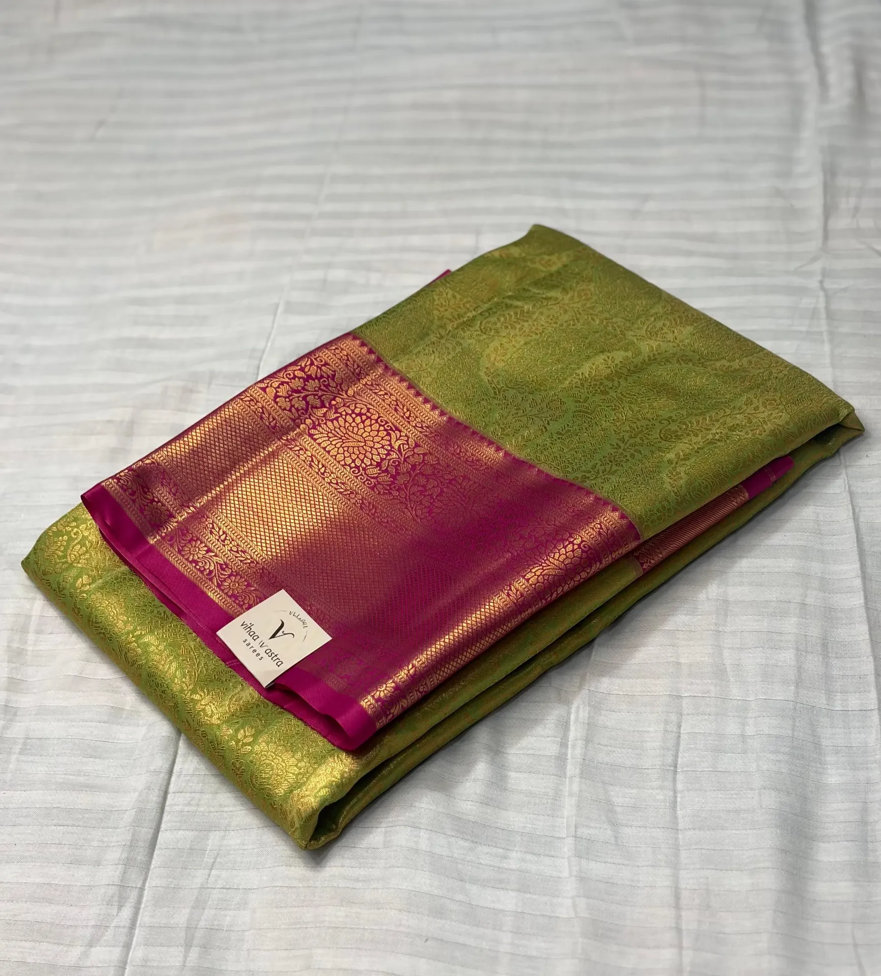 VVS074 Light Green With Pink Border Kanchi Silk Saree