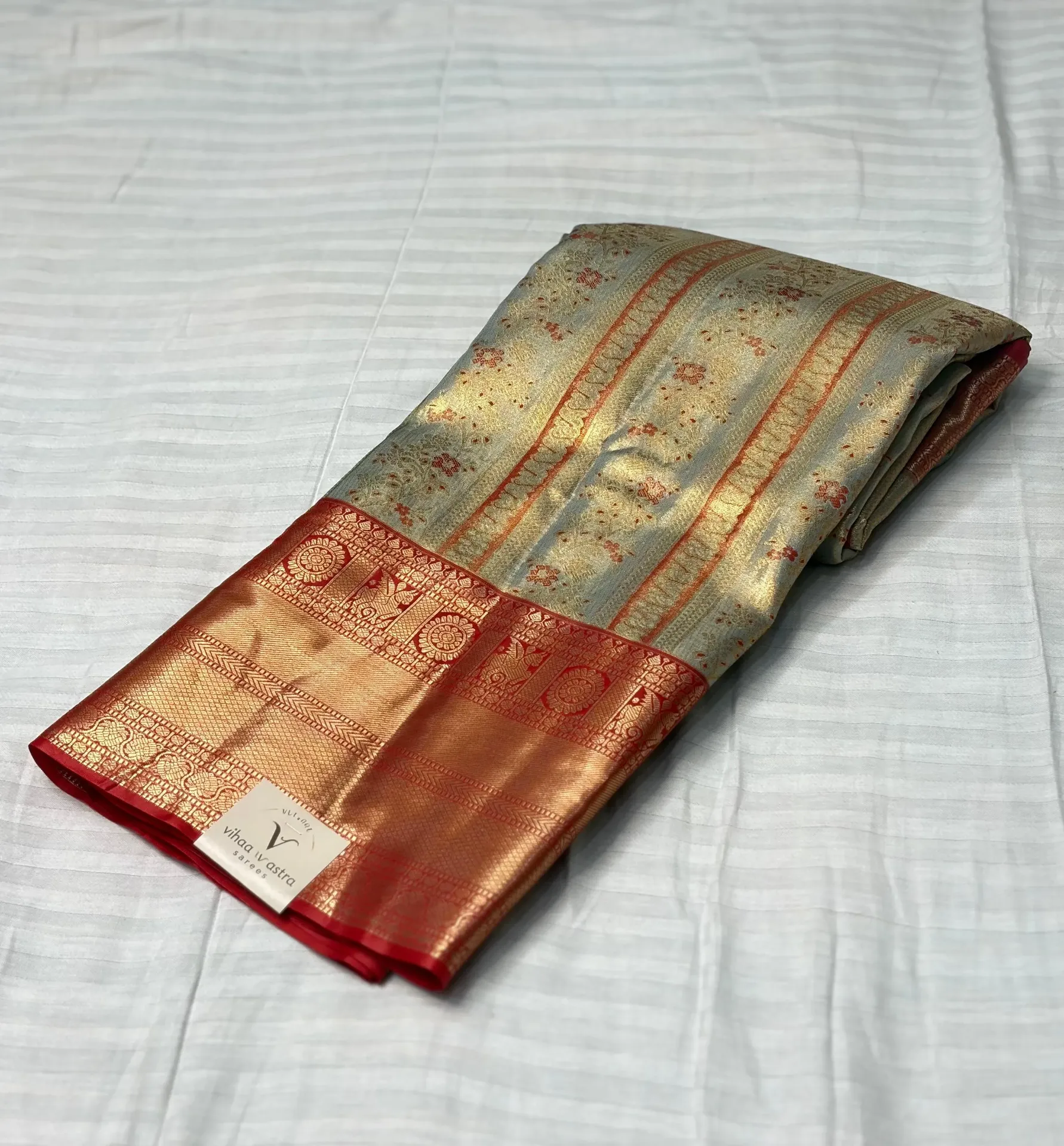 VVS074 Light Sea Blue Kanchi Silk Saree With Red Border