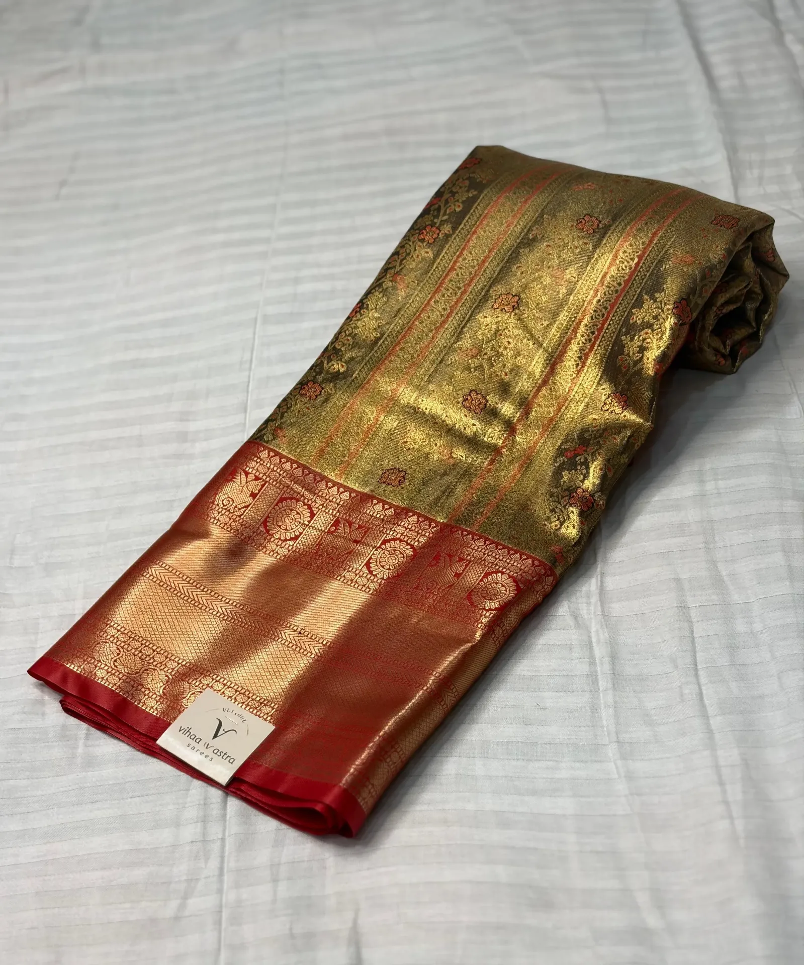 VVS074 Golden Body With Red Border Kanchi Silk Saree