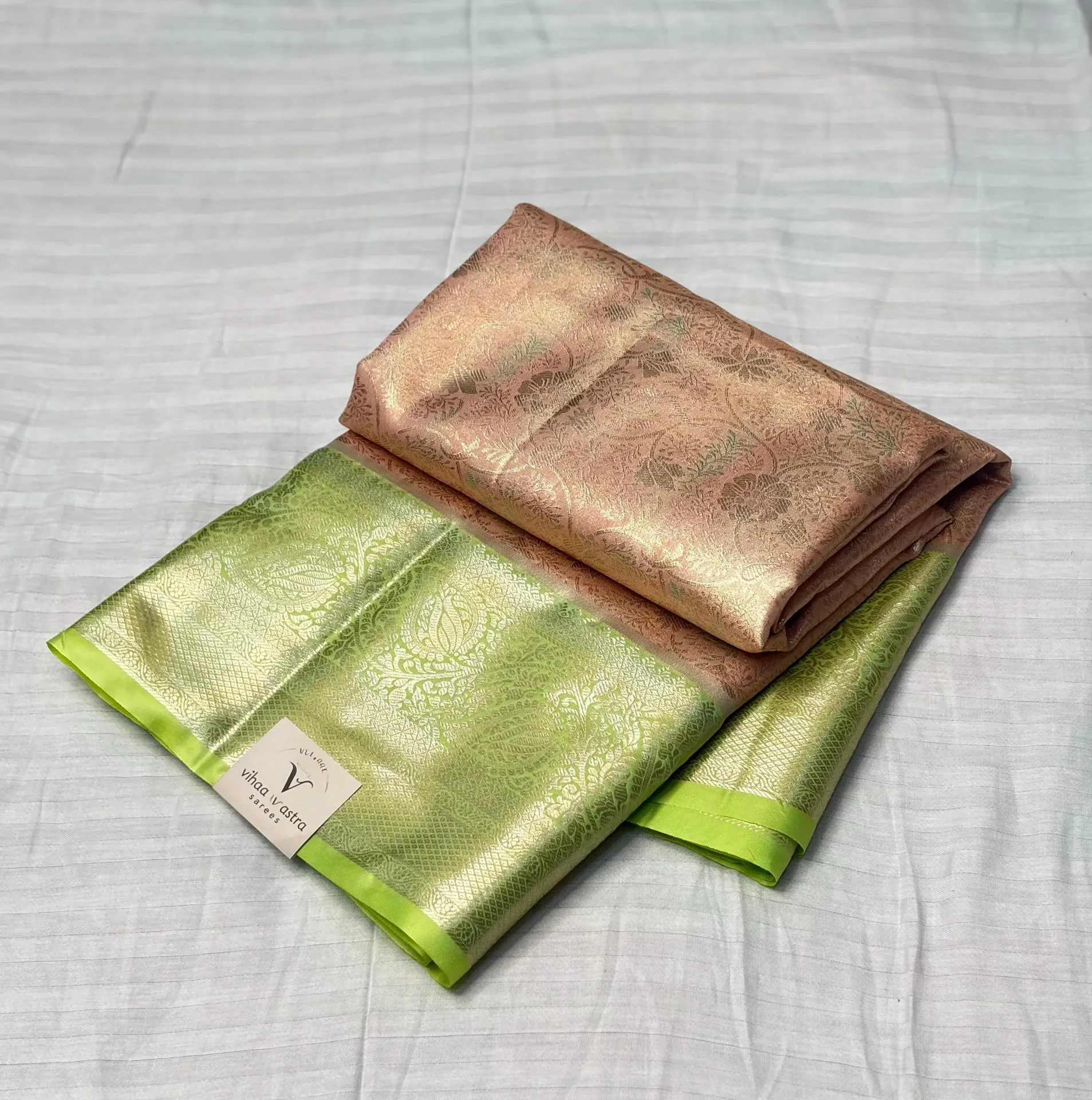 VVS104 Cream Body With Lime Green Border Kanchi Silk Saree
