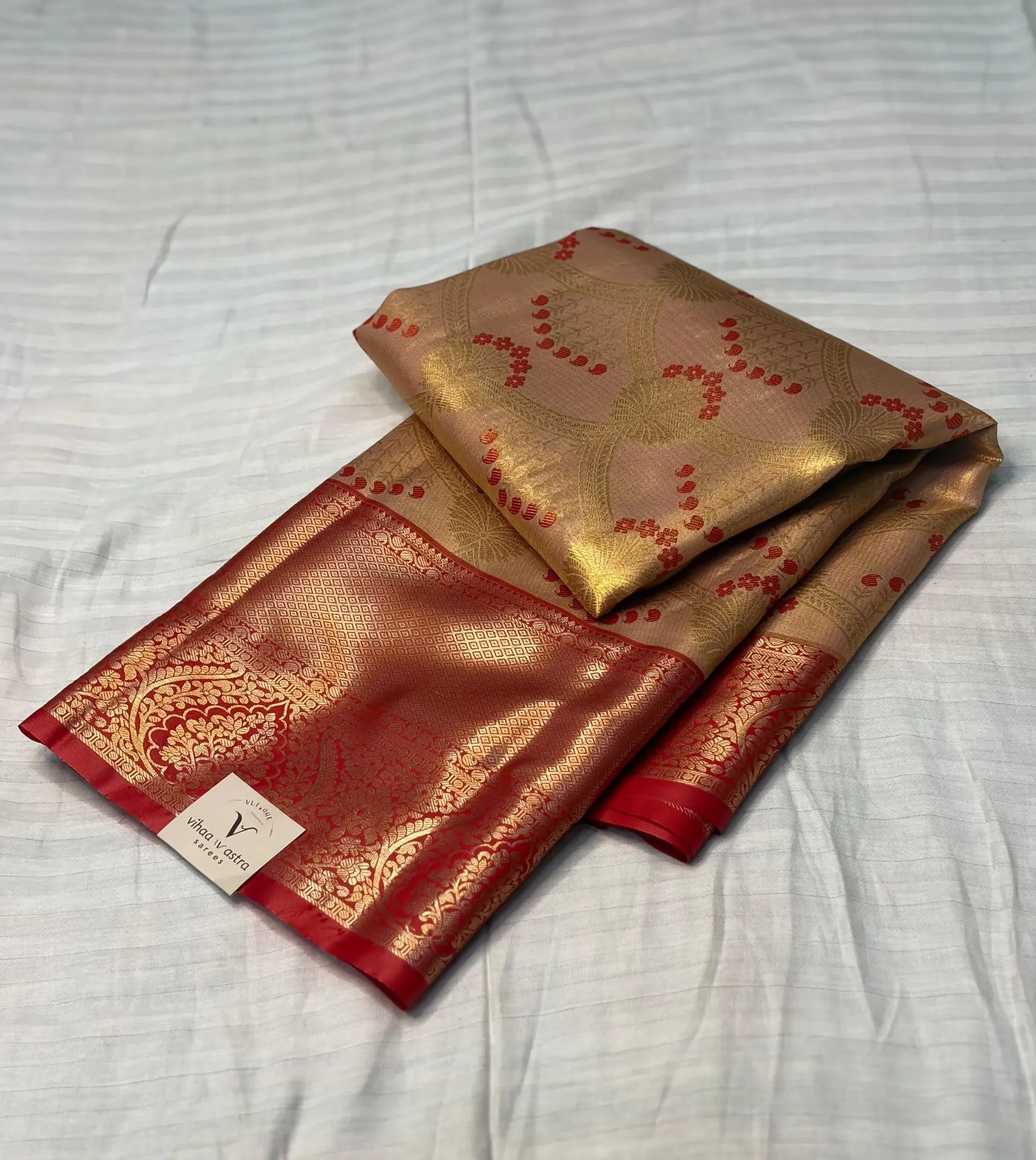 VVS105 Peach Body, Gold Motifs With Red And Gold Border Kanchi Silk Saree