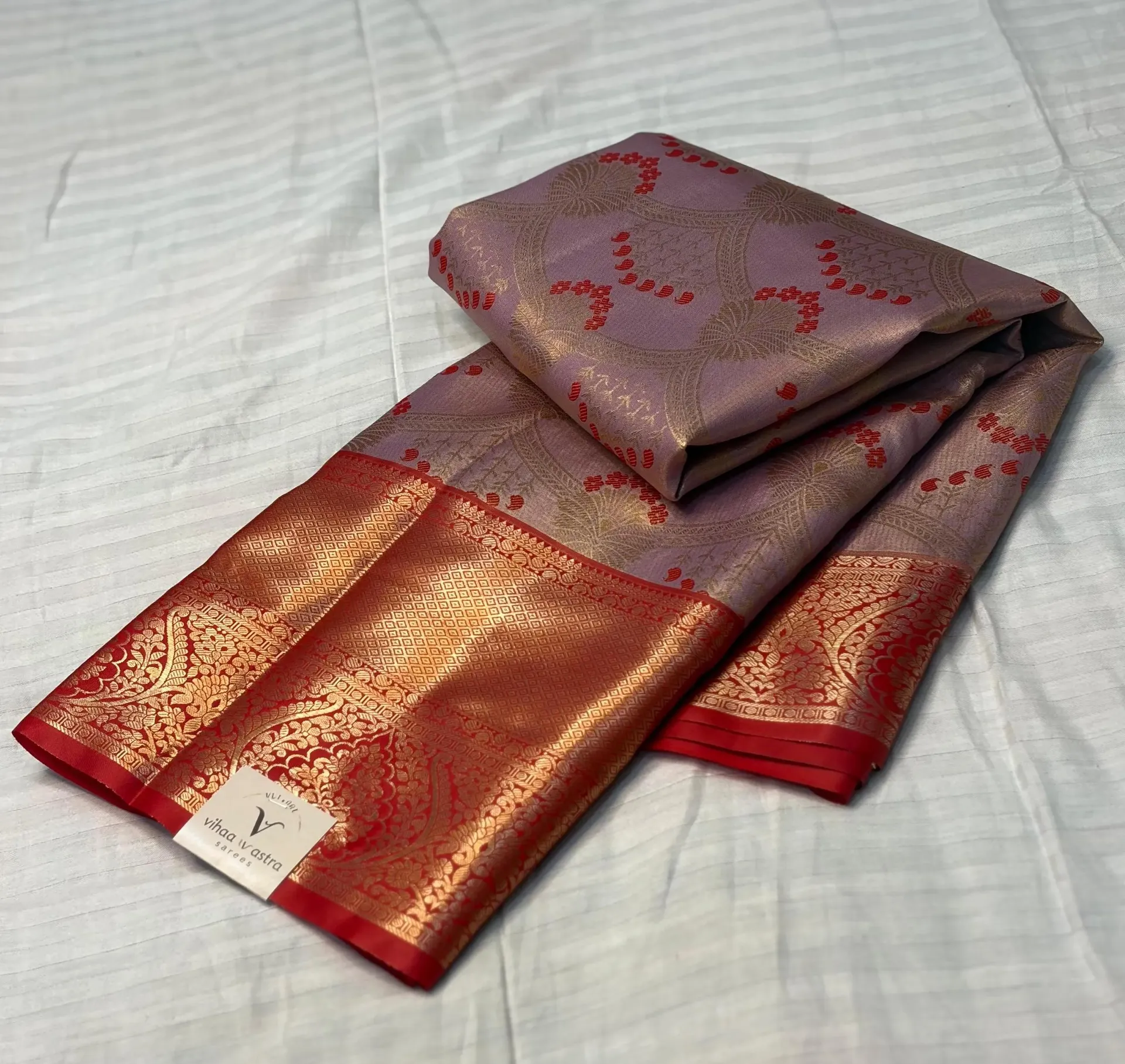VVS105 Sea Pink With Contrasting Red Border Kanchi Silk Saree