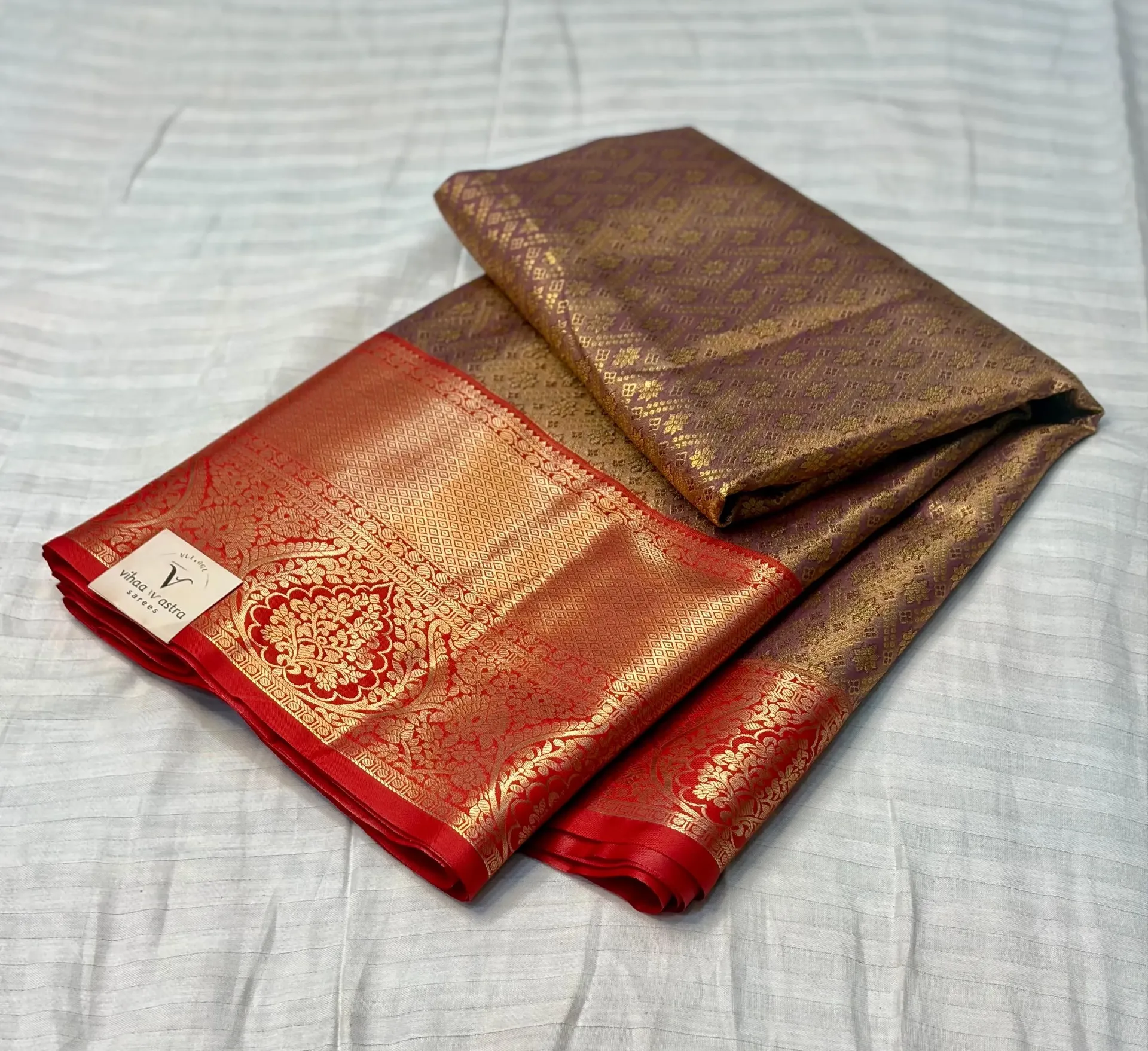 VVS074 Brownish Body With Contrasting Red Border Kanchi Silk Saree