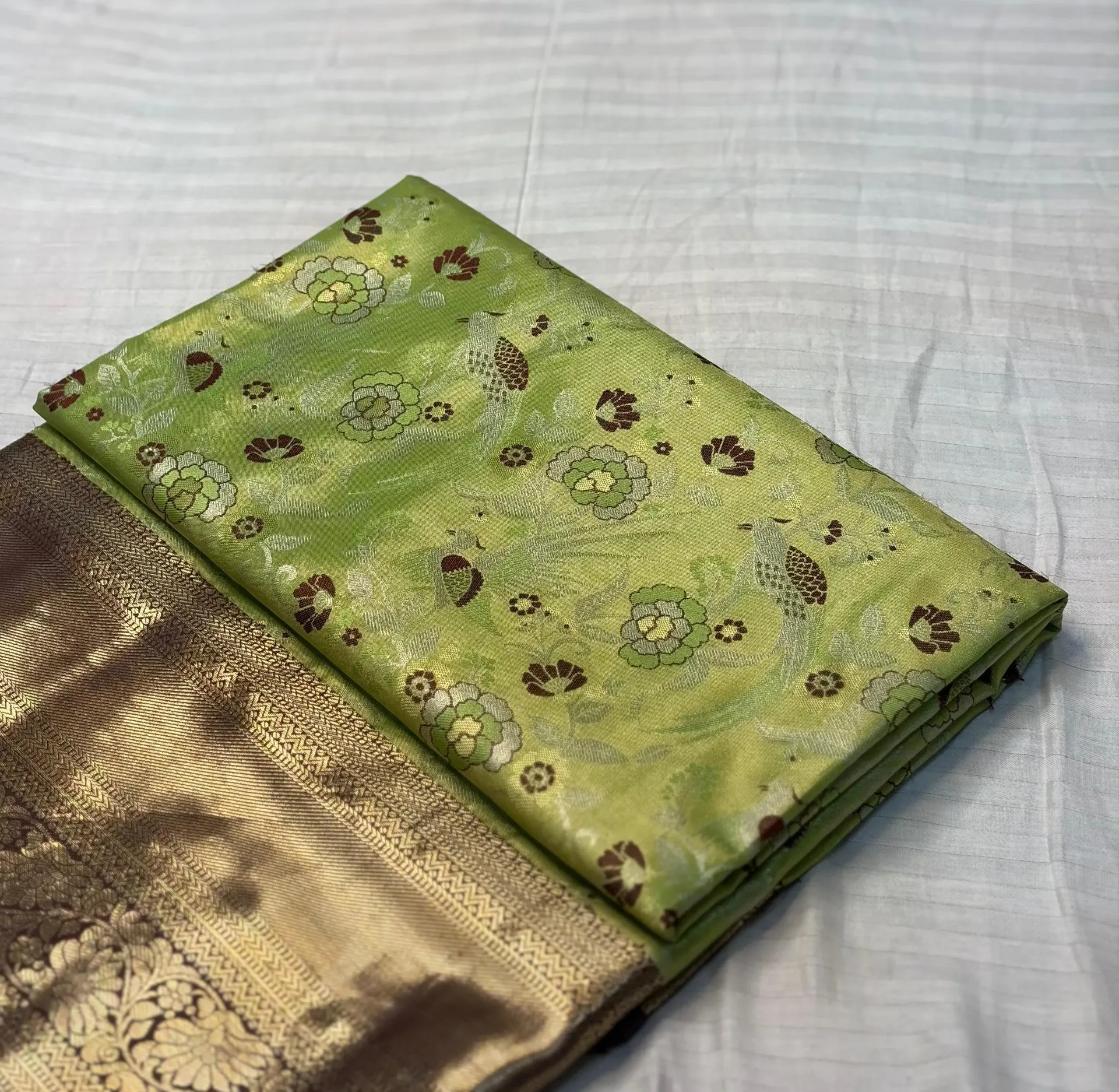 VVS108 Light Green Color With Gold Motifs And Gold/Brown Border Kanchi Silk Saree