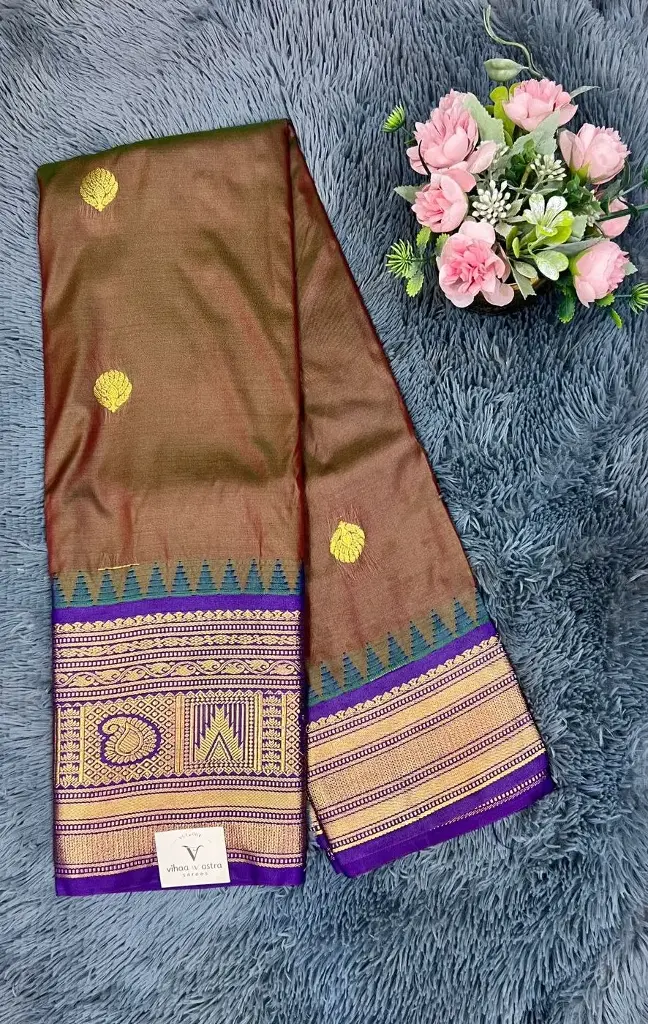 Brown Body, Purple Contrast Border Semi Gadwal Saree