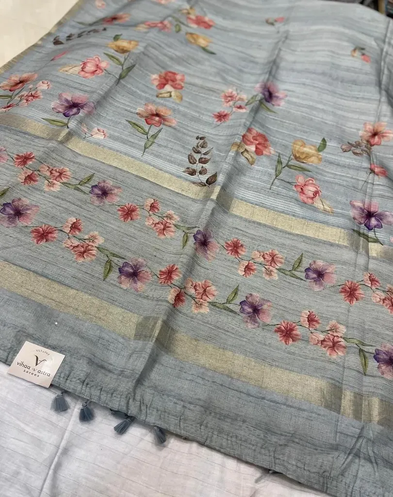 VVS111 Fancy Tussar Saree With Flowers Design On The Body And Border