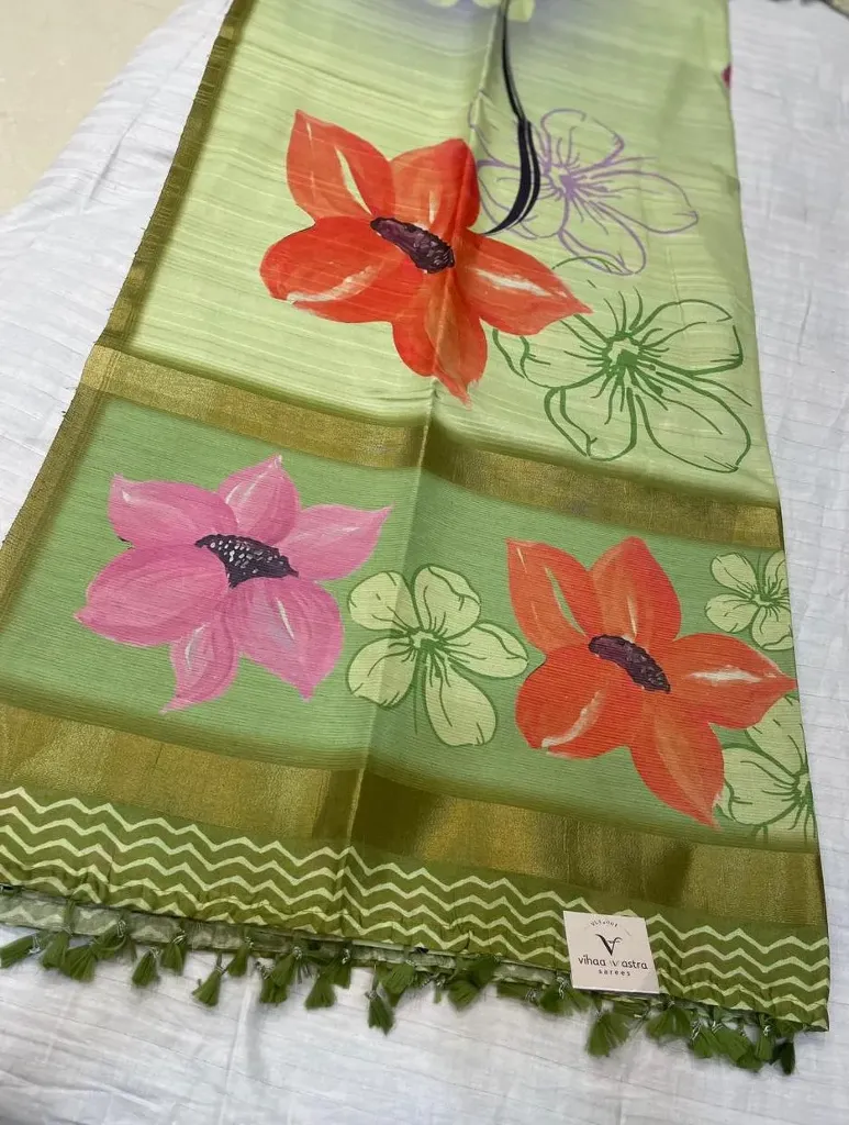 VVS034 Sea Green Fancy Tussar Saree With Orange-Bright Pink Flowers Design