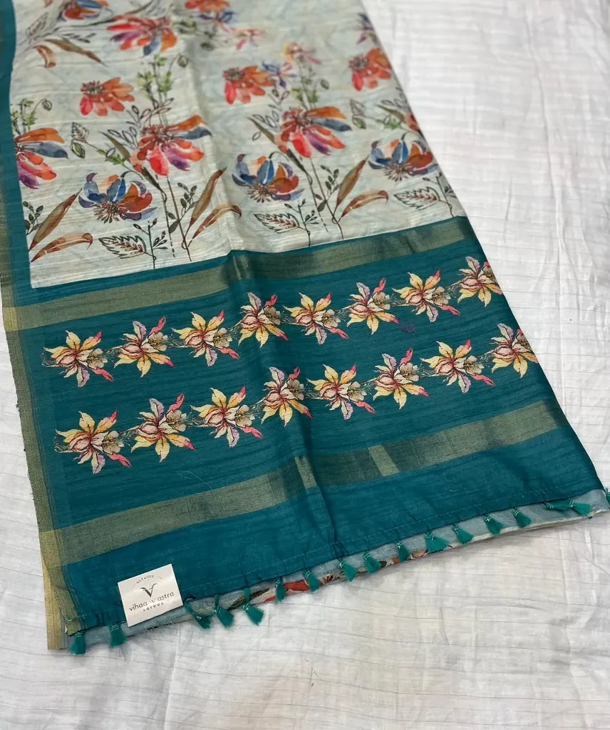 VVS112 Fancy Tussar Saree With Olive Green Base Colour Border