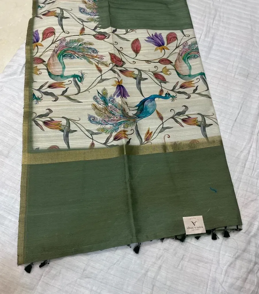 VVS113 Creamy Beige Body With Peacock Design Fancy Tussar Saree