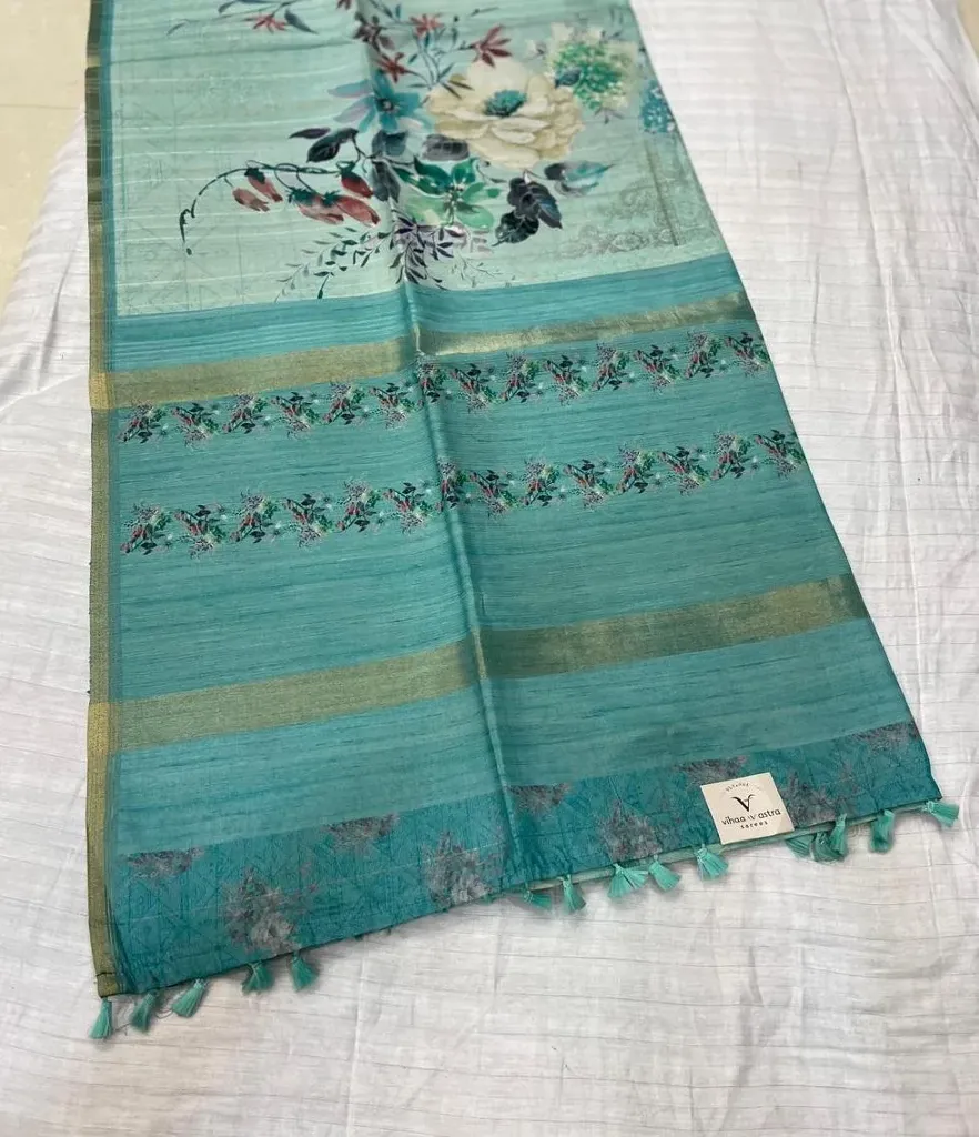 VVS114 Sea Blue Colour Saree With Large Floral And Vine Patterns Fancy Tussar Saree