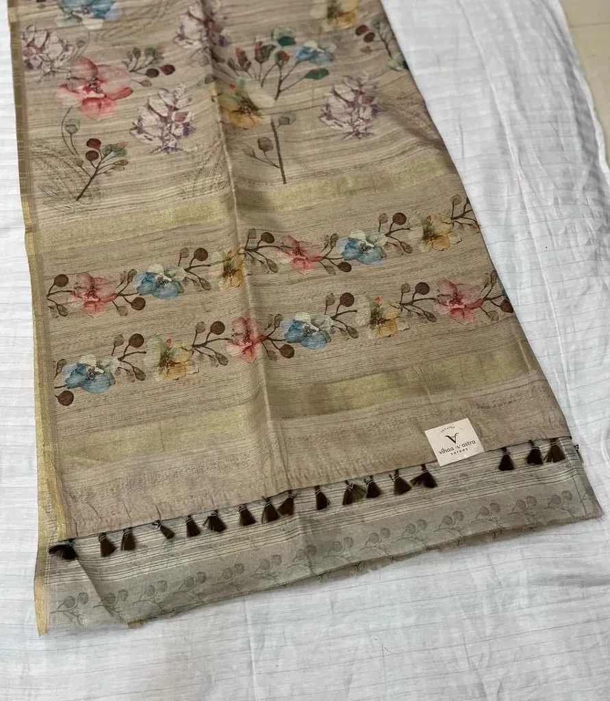 VVS111 Light Creamy Beige Body With Scattered Floral With Vine Patterns Fancy Tussar Saree