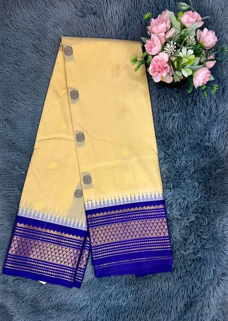 VVS080 Cream Body And Contrast Royal Blue Border Semi Gadwal Saree