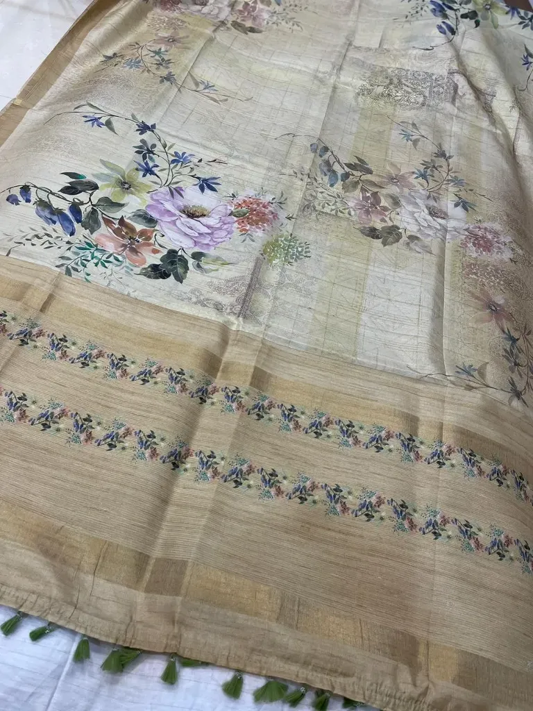 VVS111 Light Creamy Beige With Scattered Motifs And Vine Patterns Fancy Tussar Saree