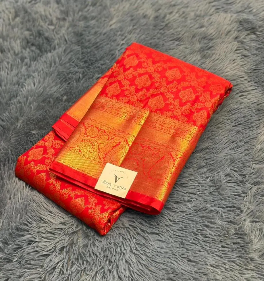 VVS097 Red With Broad Gold Border Semi Kanchi Silk Saree