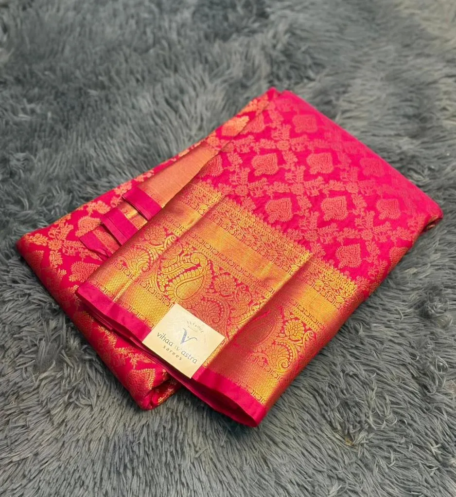 VVS097 Pink With Broad Gold Border Semi Kanchi Silk Saree