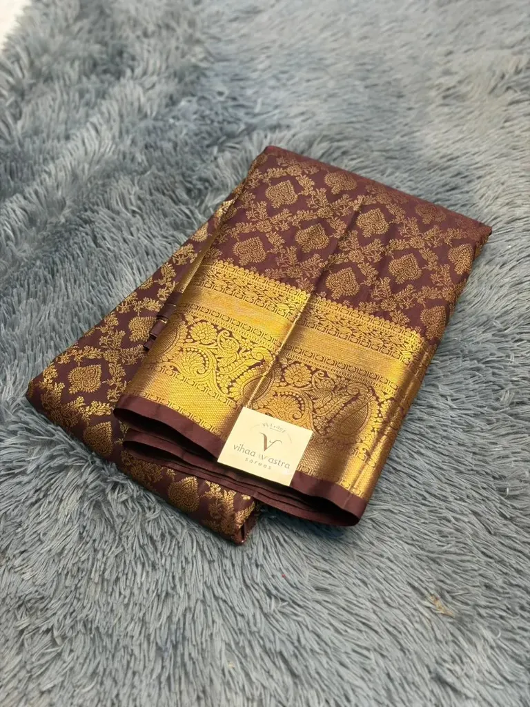 VVS097 Brown With Broad Gold Border Semi Kanchi Silk Saree