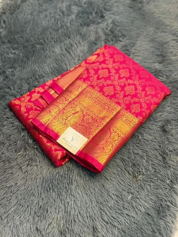 VVS097 Dark Pink With Broad Gold Border Semi Kanchi Silk Saree