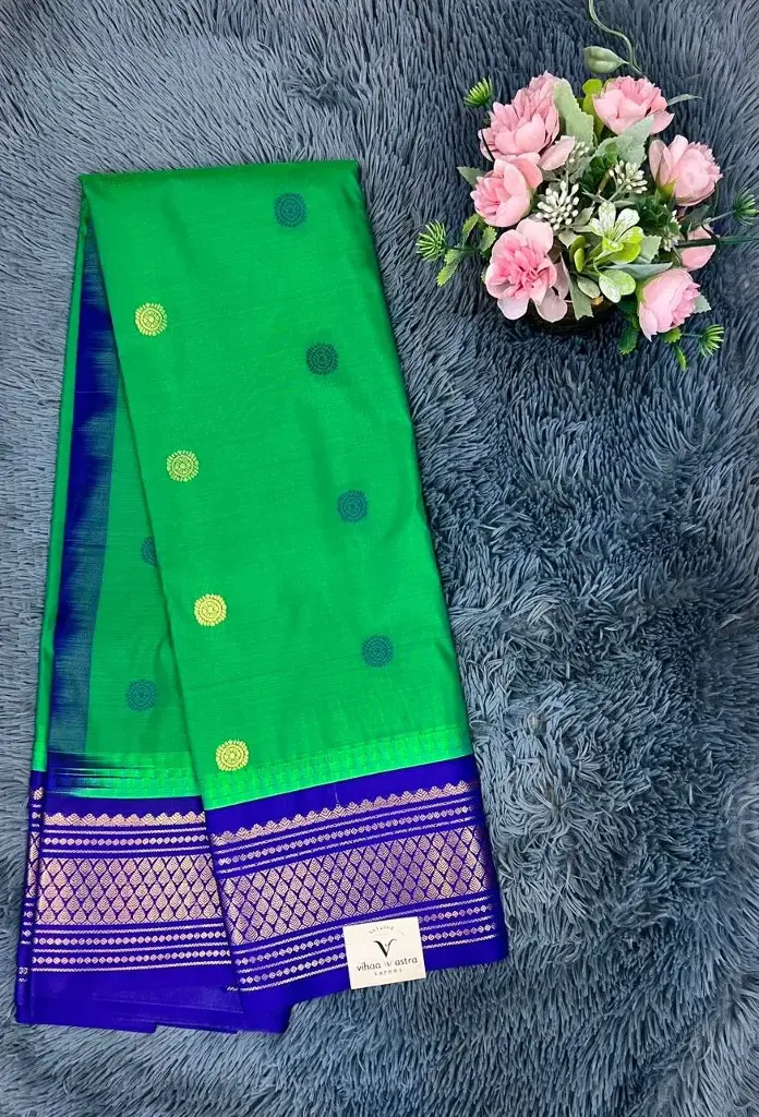 VVS080 Green With Blue Border Semi Gadwal Saree