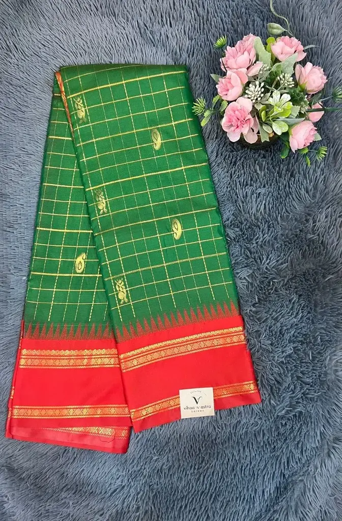 Red With Gap Border And All-Over Gold Zari Checks Semi Gadwal Saree