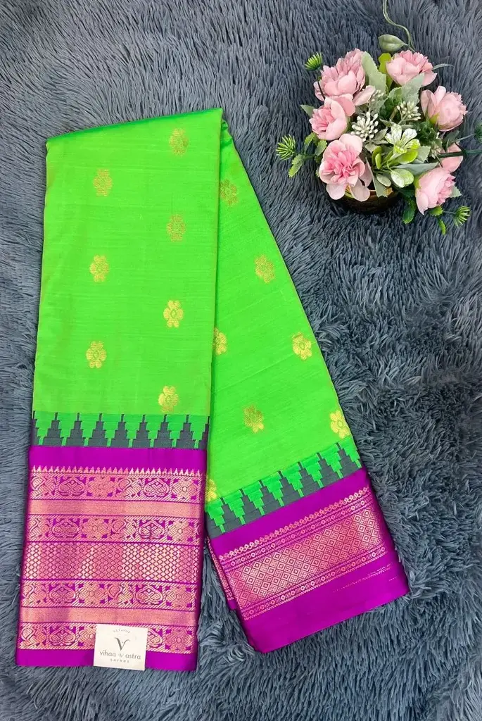 VVS080 Lime Green Color With Magenta Border Semi Gadwal Saree