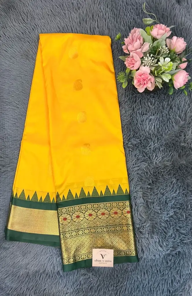 VVS080 Yellow With Dark Green Border Semi Gadwal Saree