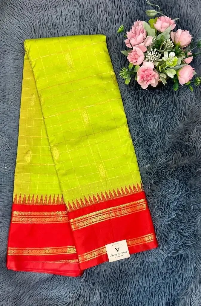 Green Body With Checked Pattern Semi Gadwal Saree