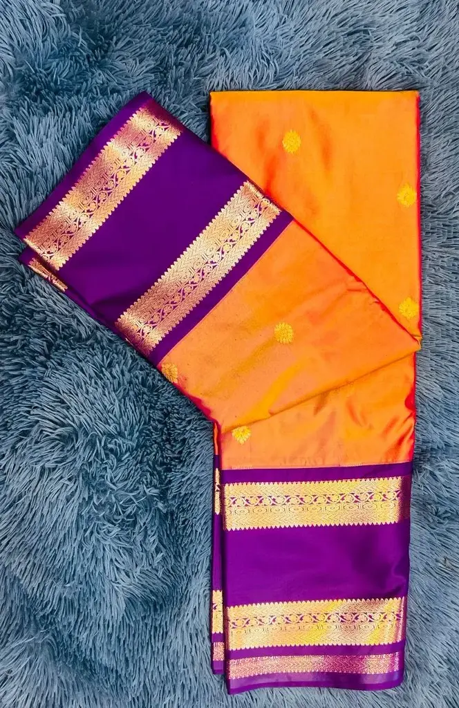 Vibrant Orange Body With Purple Border Semi Kanchipattu Saree