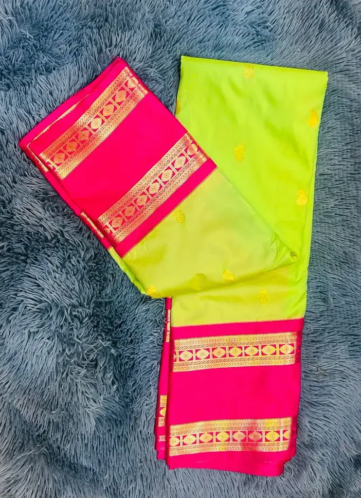 Lime Green Body With Pink Border Semi Kanchipattu Saree