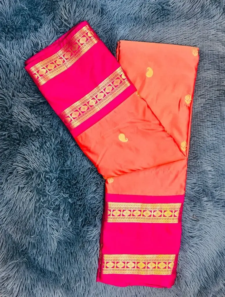 Peach-Colored Body With Hot Pink Border Semi Kanchipattu Sarees
