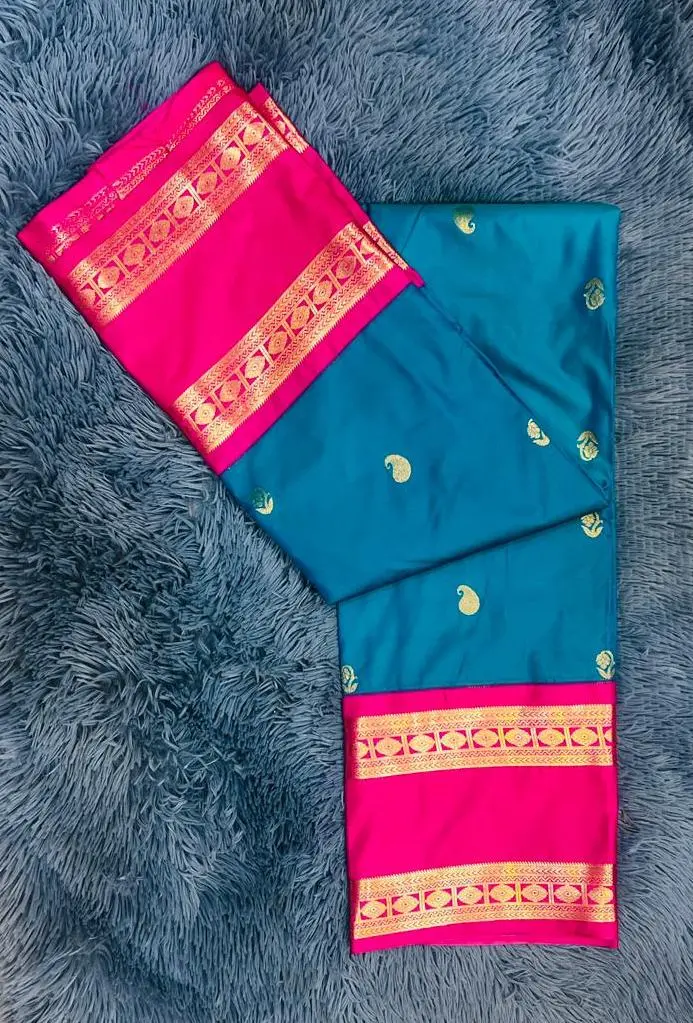 VVS087 Blue Body With Pink Border Semi Kanchipattu Saree