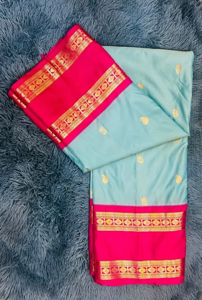 Sea Blue Body With Hot Pink Border Semi Kanchipattu Sareee