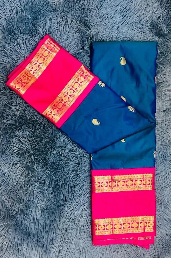VVS087 Blue Body With Hot Pink Border Semi Kanchipattu Saree