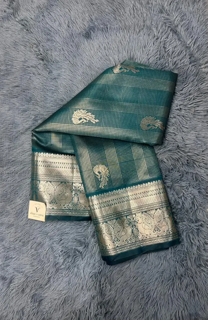 VVS095 Rama Green With Gold Zari Work Vintage Kanchi Silk Saree