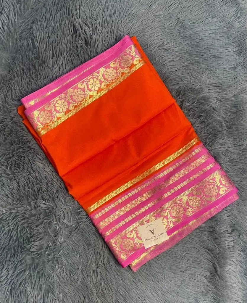 VV1499 Bright Orange With Contrast Pink Border Mysore Crepe Saree