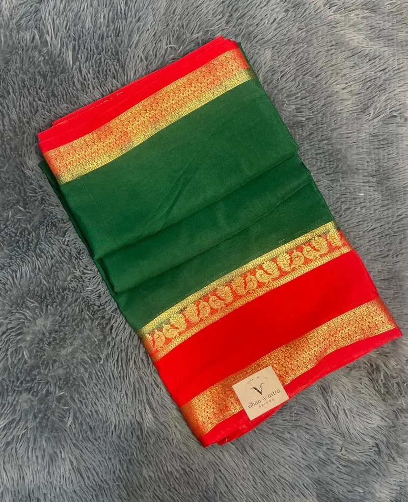 VV1499 Bottle Green With Red Contrast Mysore Crepe Saree
