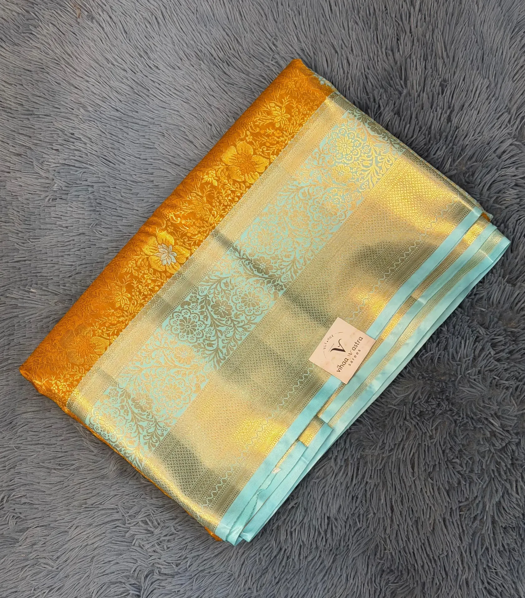 VV3499 Premium Kanchipattu Gold With Sky Blue Border Saree