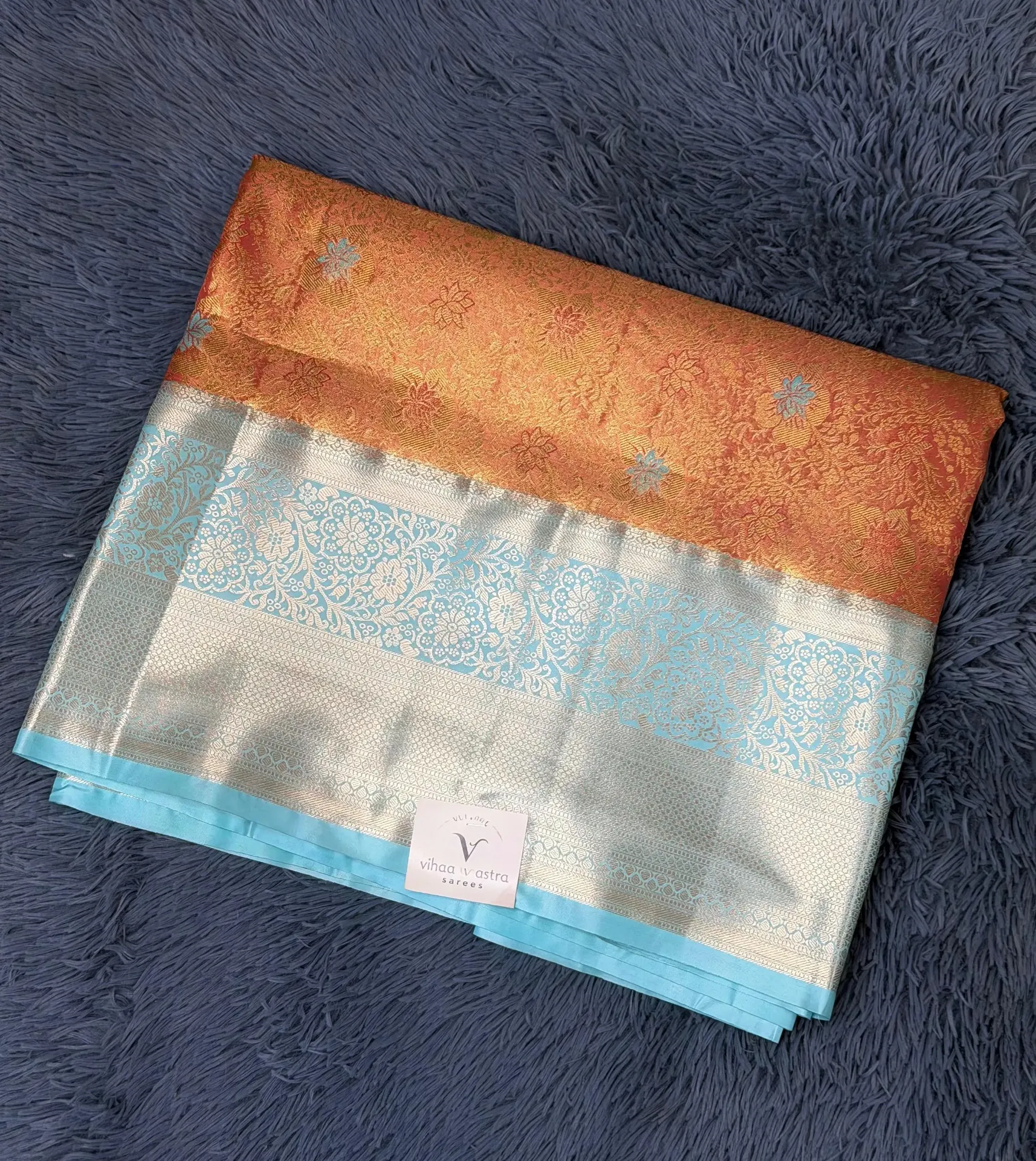VV3499 Premium Kanchipattu Baby Pink With Aqua Blue Border Saree